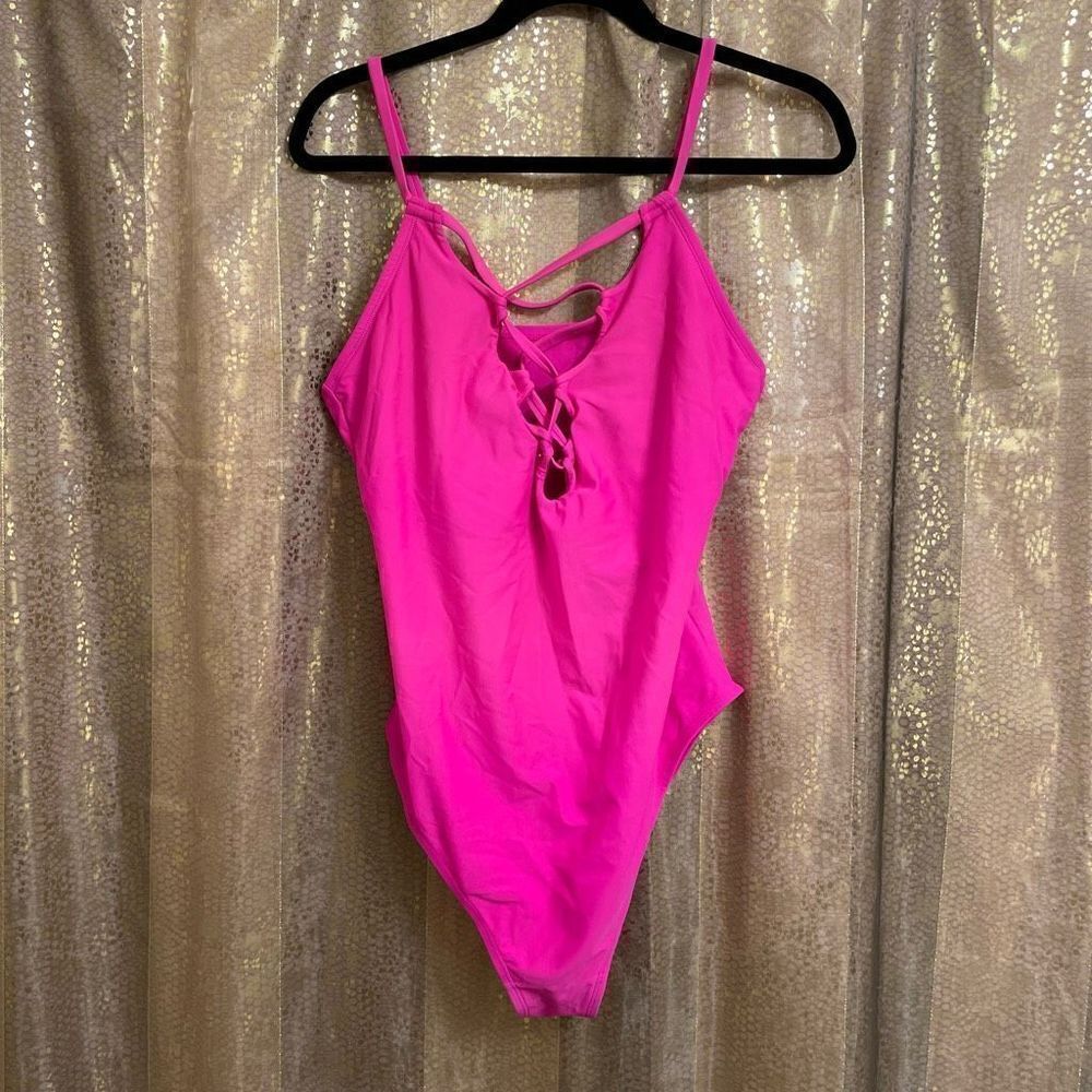 Forever 21 Neon Hot Pink Lace Up Front One Piece Swimsuit, XL